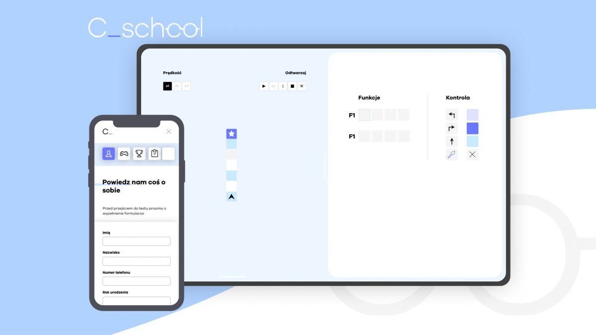 Screens showing the application process game we designed and developed for C_school.