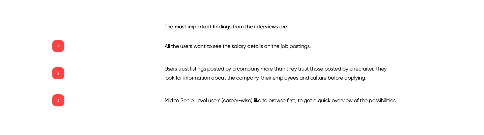 Key insights from our interviews for the job finder app.