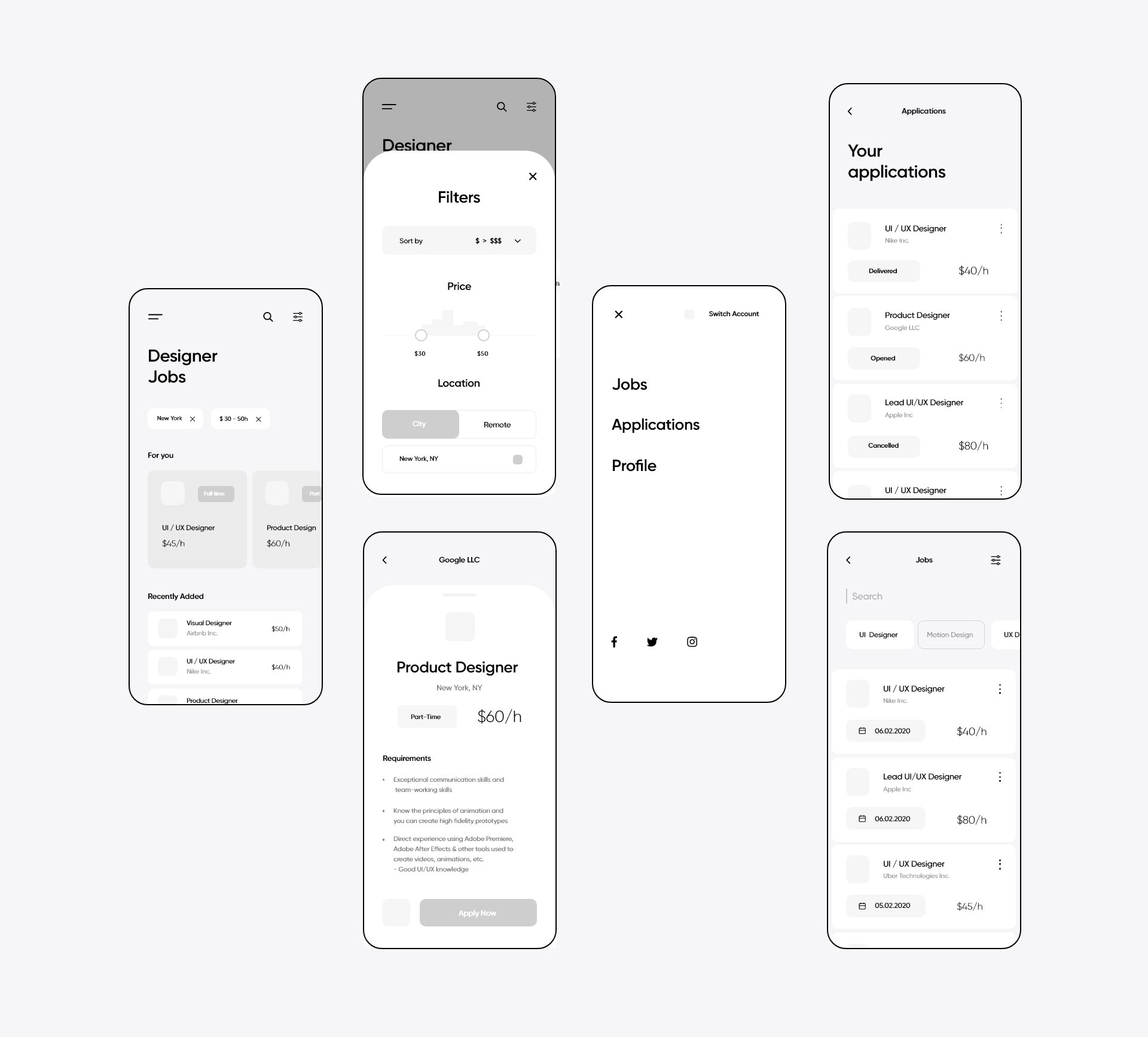 WIreframes for our concept job finder mobile app.