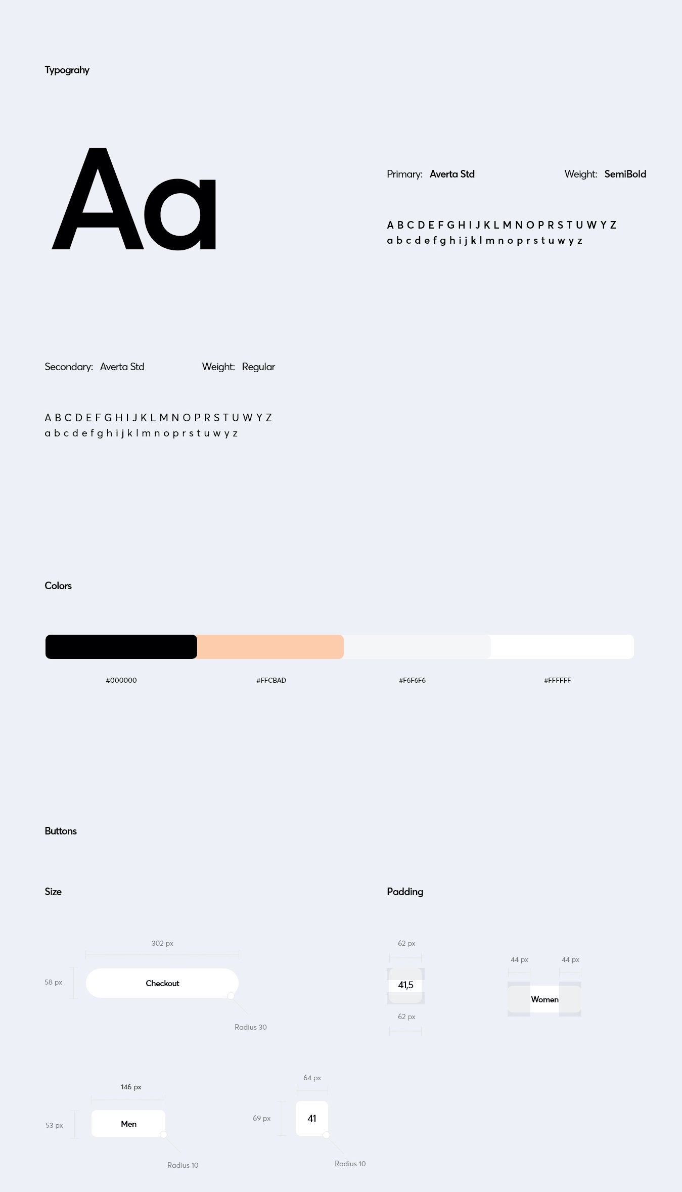 A style guide, including typography, colors and sizing, for our eCommerce app concept project