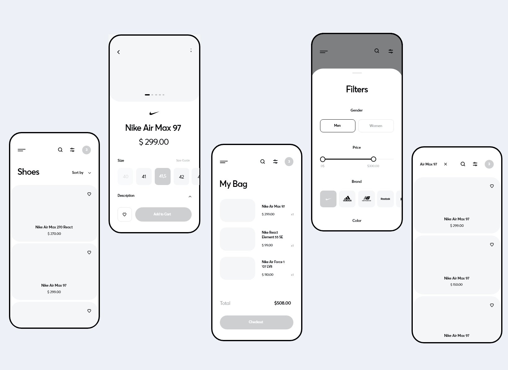 Wireframes for our eCommerce app concept store project