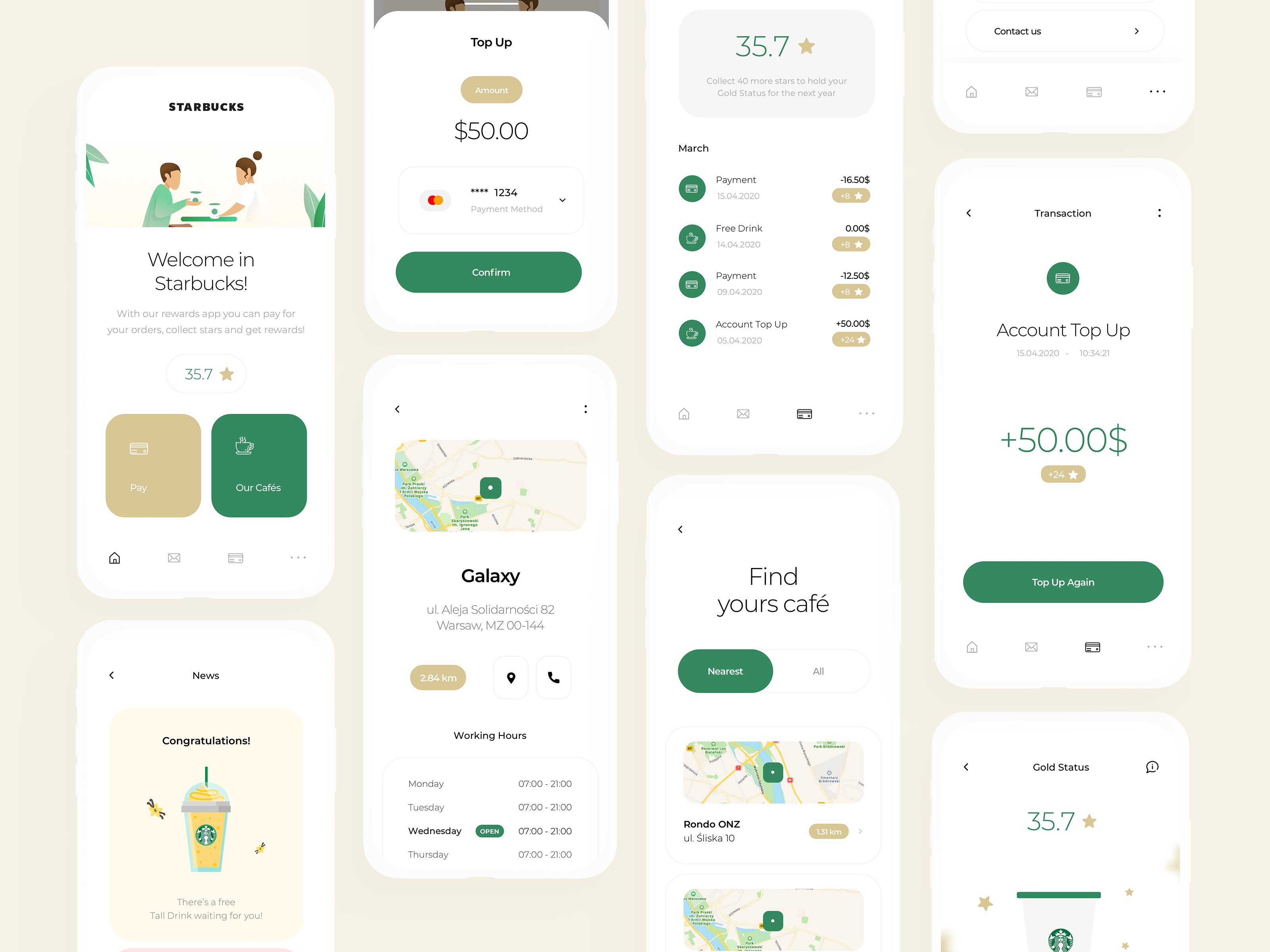 Screens from our redesigned Starbucks rewards app.